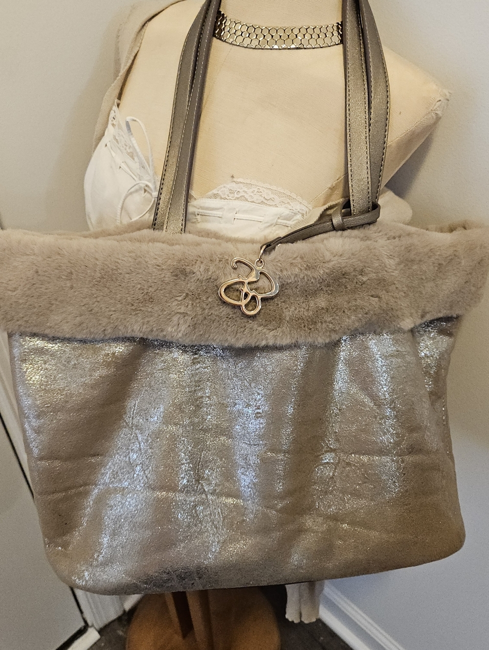 Jessica Simpson Metallic Taupe Faux-Fur Trim Tote
